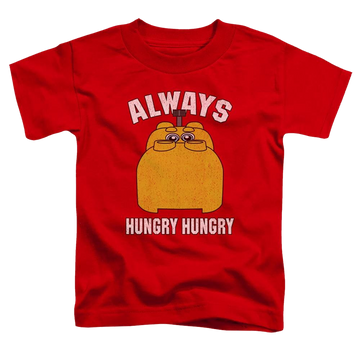Red toddler t-shirt with Hungry Hungry Hippos Hungry graphic
