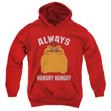 Red youth hoodie for ages 8 to 12 with Hungry Hungry Hippos Hungry graphic