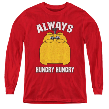 Red youth long sleeve t-shirt with Hungry Hungry Hippos Hungry graphic