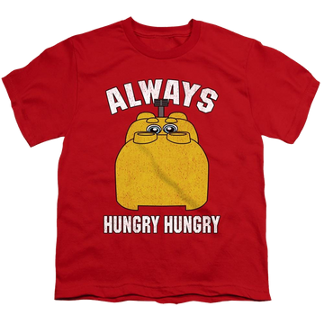 Red youth t-shirt for ages 8 to 12 with Hungry Hungry Hippos Hungry graphic