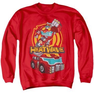 Red men's crewneck sweatshirt with Transformers Heatwave graphic