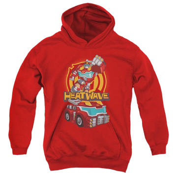 Red youth hoodie for ages 8 to 12 with Transformers Heatwave graphic
