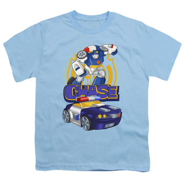 Light blue youth t-shirt for ages 8 to 12 with Transformers Chase graphic