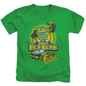 Kelly green kid's t-shirt for ages 4 to 7 with Transformers Boulder graphic