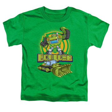 Kelly green toddler t-shirt with Transformers Boulder graphic
