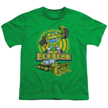 Kelly green youth t-shirt for ages 8 to 12 with Transformers Boulder graphic