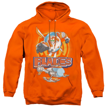 Orange pullover hoodie with Transformers Blades graphic