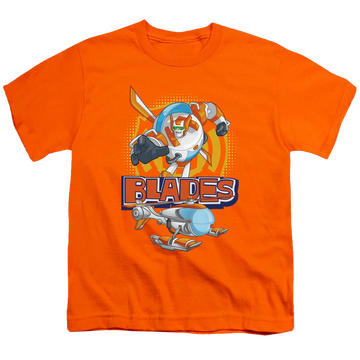 Orange youth t-shirt for ages 8 to 12 with Transformers Blades graphic