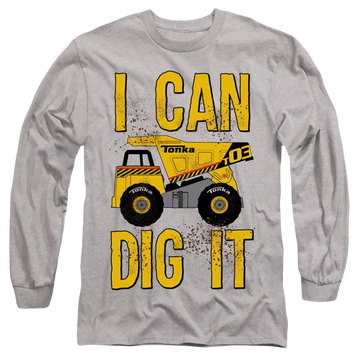 Athletic heather men's long sleeve t-shirt with Hasbro Tonka I Can Dig It graphic