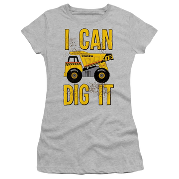 Athletic heather juniors t-shirt with Hasbro Tonka I Can Dig It graphic