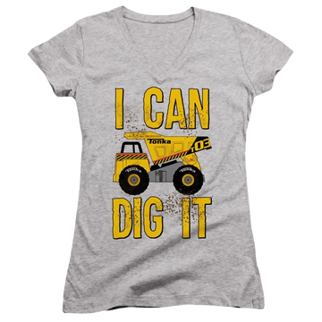 Athletic heather juniors v-neck t-shirt with Hasbro Tonka I Can Dig It graphic