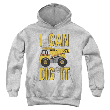 Athletic heather youth hoodie for ages 8 to 12 with Hasbro Tonka I Can Dig It graphic