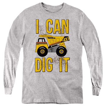 Athletic heather youth long sleeve t-shirt with Hasbro Tonka I Can Dig It graphic