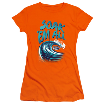 Orange juniors t-shirt with Nerf Super Soaker Soak Em All graphic