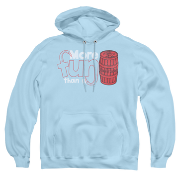 Light blue pullover hoodie with Barrel Of Monkeys More Fun graphic