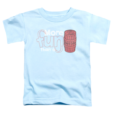 Light blue kid's t-shirt for ages 4 to 7 with Barrel Of Monkeys More Fun graphic
