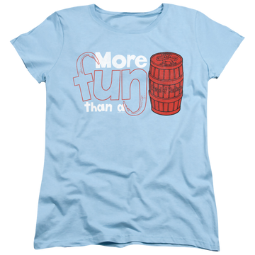 Light blue women's t-shirt with Barrel Of Monkeys More Fun graphic