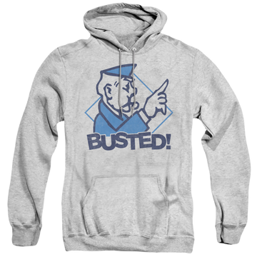 Athletic heather pullover hoodie with Hasbro Monopoly Busted graphic