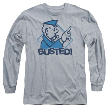 Athletic heather men's long sleeve t-shirt with Monopoly Busted graphic