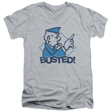 Athletic heather men's v-neck t-shirt with Monopoly Busted graphic