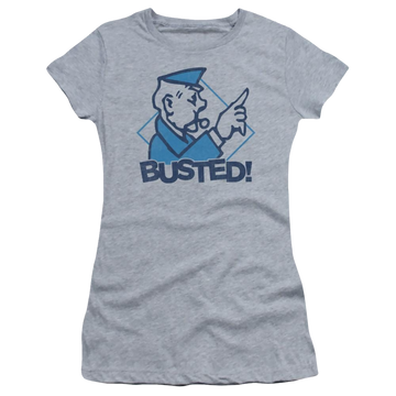 Athletic heather juniors t-shirt with Monopoly Busted graphic