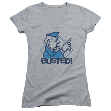 Athletic heather juniors v-neck t-shirt with Monopoly Busted graphic
