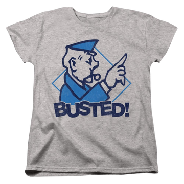 Athletic heather women's t-shirt with Monopoly Busted graphic