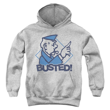 Athletic heather youth hoodie for ages 8 to 12 with Monopoly Busted graphic