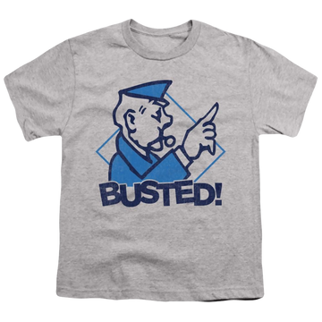 Athletic heather youth t-shirt for ages 8 to 12 with Monopoly Busted graphic