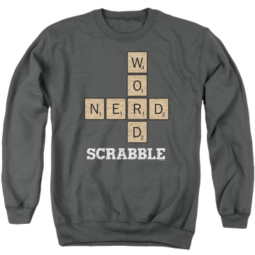 Charcoal men's crewneck sweatshirt with Scrabble Word Nerd graphic
