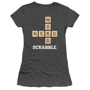 Charcoal juniors t-shirt with Scrabble Word Nerd graphic