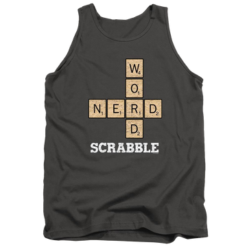 Charcoal men's tank with Scrabble Word Nerd graphic