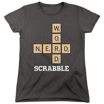 Charcoal women's t-shirt with Scrabble Word Nerd graphic
