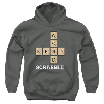 Charcoal youth hoodie for ages 8 to 12 with Scrabble Word Nerd graphic