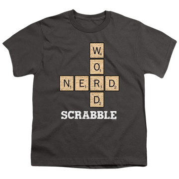 Charcoal youth t-shirt for ages 8 to 12 with Scrabble Word Nerd graphic