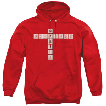 Red pullover hoodie with Scrabble Master graphic