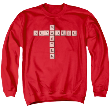 Red men's crewneck sweatshirt with Scrabble Master graphic