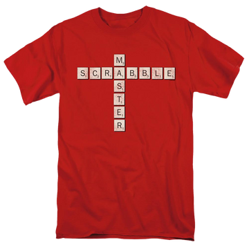 Red men's regular fit t-shirt with Scrabble Master graphic