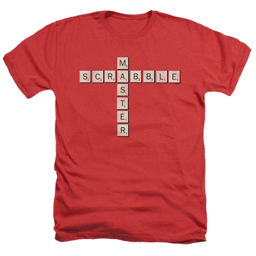 Red men's heather t-shirt with Hasbro Scrabble Master graphic