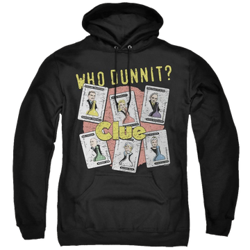 Black pullover hoodie with Game of Clue Who Dunnit graphic