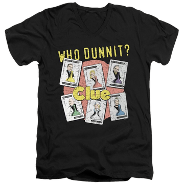 Black men's v-neck t-shirt with Game of Clue Who Dunnit graphic