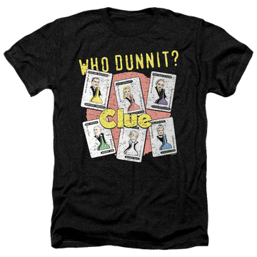 Charcoal men's heather t-shirt with Clue Hasbro Who Dunnit graphic