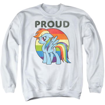 White men's crewneck sweatshirt with My Little Pony Friendship Is Magic Proud graphic