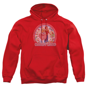Red pullover hoodie with Candy Land Vintage graphic