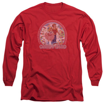 Red men's long sleeve t-shirt with Candy Land Vintage graphic