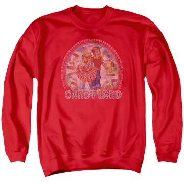 Red men's crewneck sweatshirt with Candy Land Vintage graphic