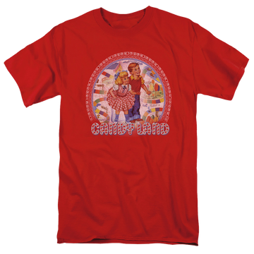 Red men's regular fit t-shirt with Candy Land Vintage graphic