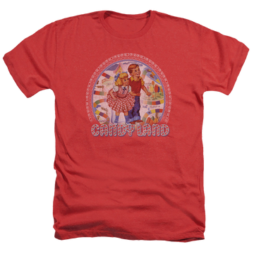 Red men's heather t-shirt with Hasbro Candy Land graphic
