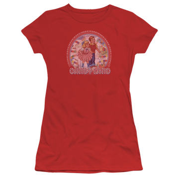 Red juniors t-shirt with Candy Land Vintage graphic