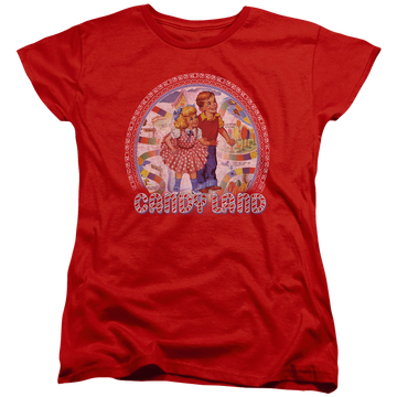 Red women's t-shirt with Candy Land Vintage graphic